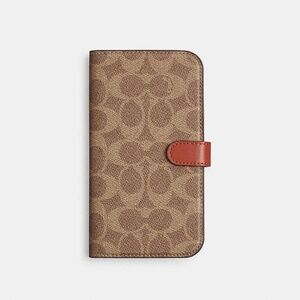 Coach Folio Signature Canvas iPhone 15 Pro Wallet Case Brown Logo Leather